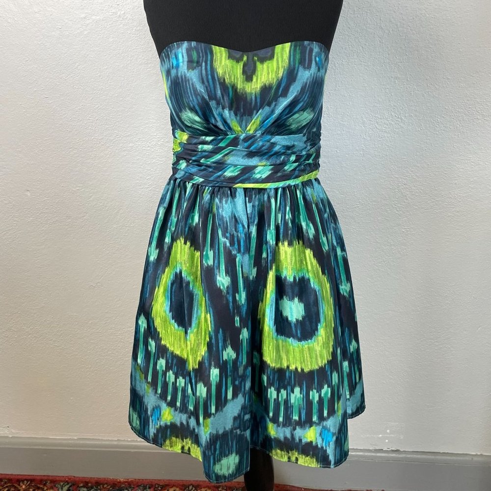 Eliza J. Womens Blue Green Peacock Print Strapless Dress - Size 8